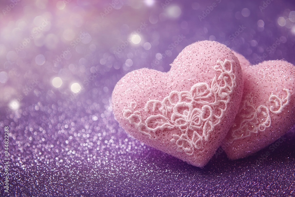 Two Soft Pink Hearts With Lace On Purple Glitter Background With Sparkles - Valentine's Day Concept with generative ai Two Soft Pink Hearts With Lace On Purple Glitter Background With Sparkles - Valentine's Day Concept with generative ai