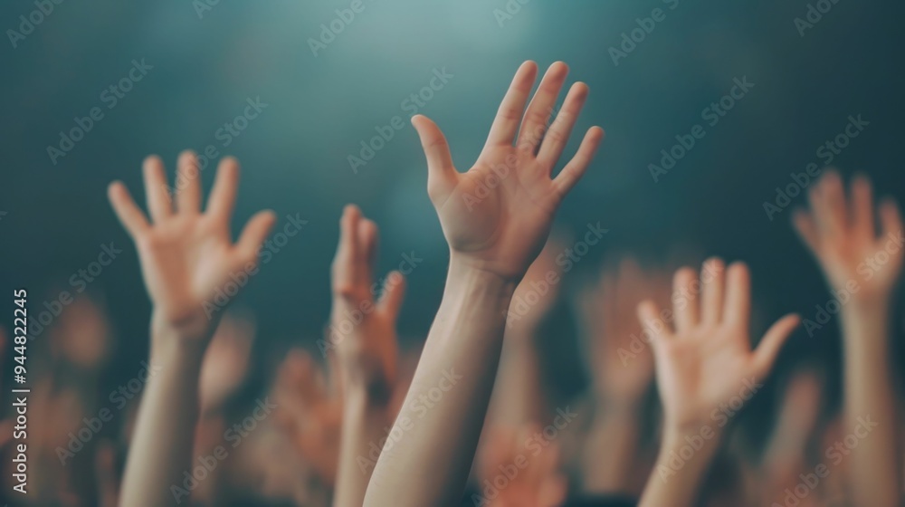 Excited hands raised in the air by a group of people captured with a deep depth of field depicting the emotional reactions and enthusiastic support during a game or sporting event Excited hands raised in the air by a group of people captured with a deep depth of field depicting the emotional reactions and enthusiastic support during a game or sporting event