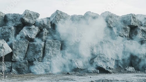 Limestone quarry, rough stone walls, with dust in the air, soft natural light photo