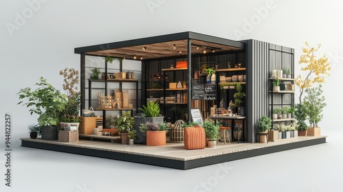 Modern Outdoor Market Stall with Plants and Wooden Decking