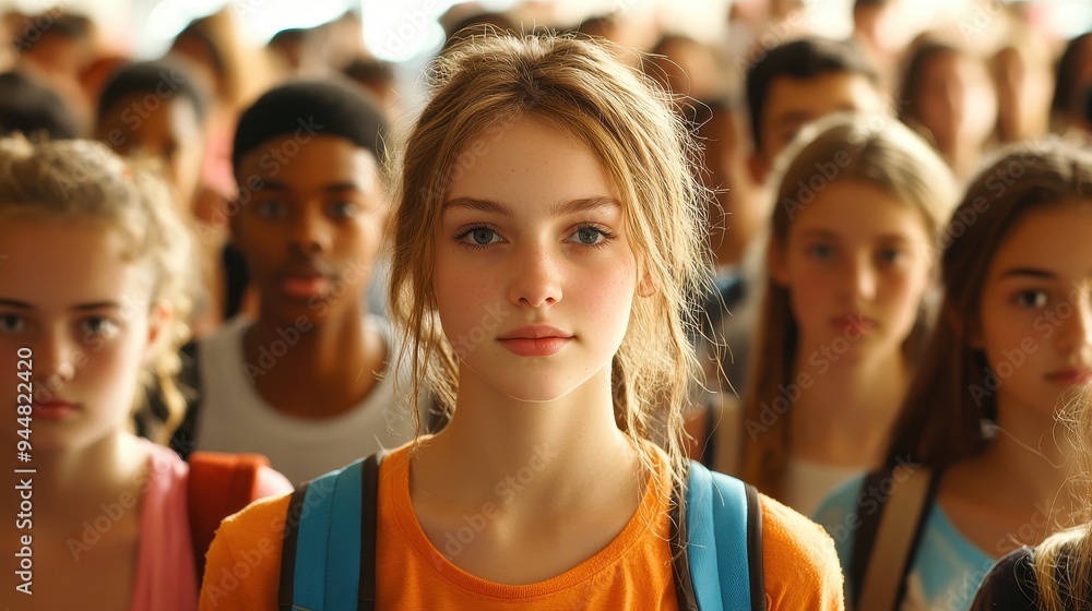 Young Girl Standing Out in a Crowd of Teenagers Young Girl Standing Out in a Crowd of Teenagers
