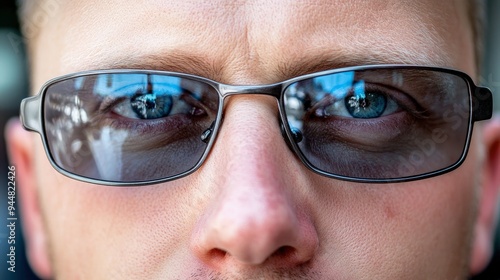 Manâ€™s eyes squinting in the sun, wearing sunglasses, under harsh daylight