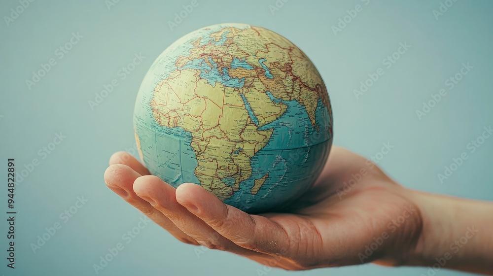 Man’s hand on a globe, symbolizing global responsibility, soft light Man’s hand on a globe, symbolizing global responsibility, soft light