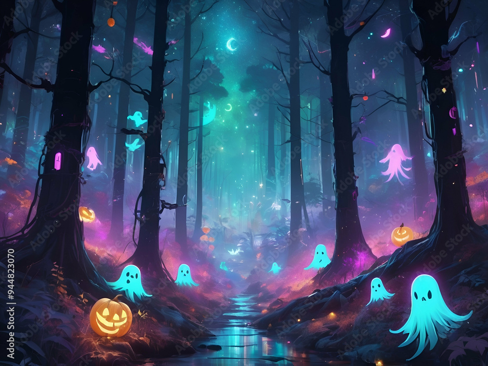 abstract neon Holographic Cyberpunk style halloween with ghosts in a forest with sparkles, stars, moon and bright colors abstract neon Holographic Cyberpunk style halloween with ghosts in a forest with sparkles, stars, moon and bright colors