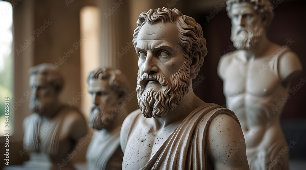 Naklejka premium Ancient Greek philosopher statues philosophy blurred.generative.ai