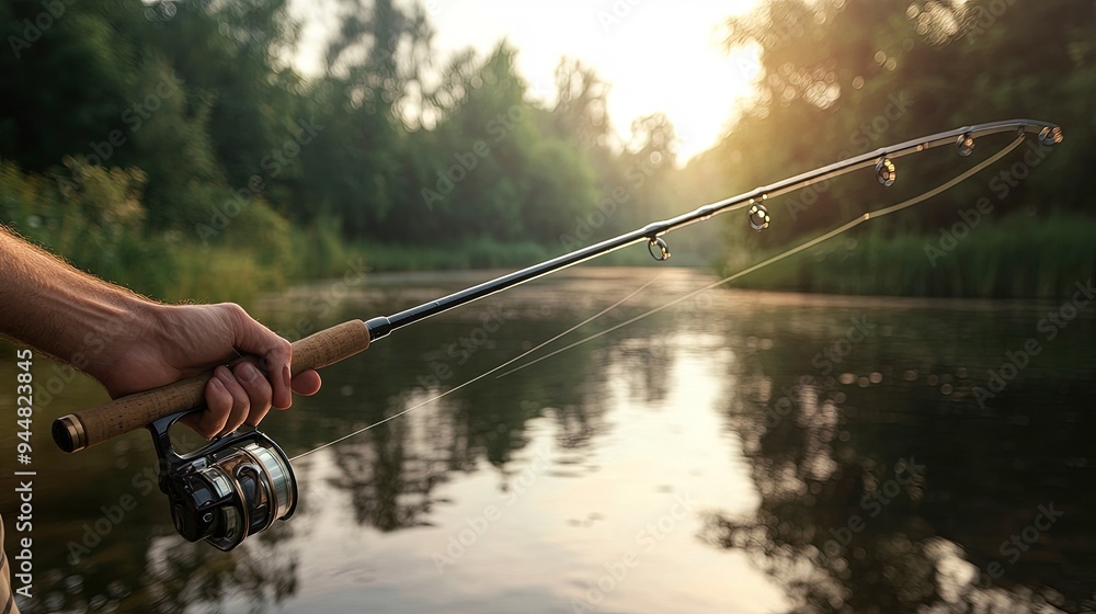 Man's hand gripping a fishing rod, reeling in a catch, under soft morning light by the water Man's hand gripping a fishing rod, reeling in a catch, under soft morning light by the water