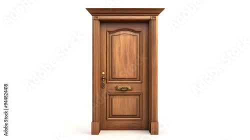 37.   A classic wooden door with a vintage handle  isolated on a pristine white background.