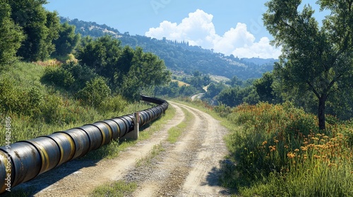 Natural gas pipeline, snaking through the landscape, under a clear sky