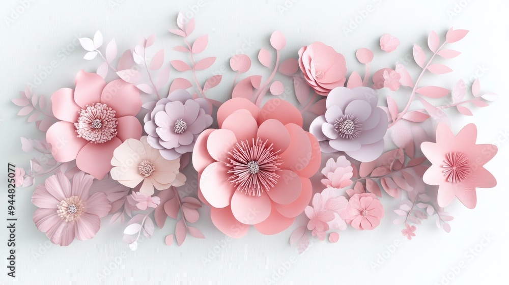 3D rendering of pink lilac paper flowers featuring a botanical design floral arrangement and suitable for wall decor or card use 3D rendering of pink lilac paper flowers featuring a botanical design floral arrangement and suitable for wall decor or card use