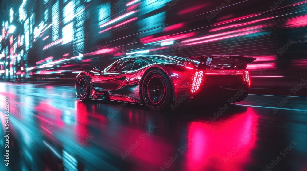 Red Sports Car Driving Through Neon Lights at Night Red Sports Car Driving Through Neon Lights at Night
