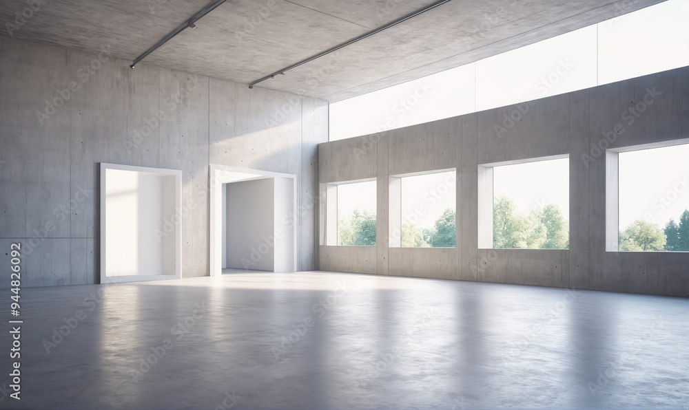 Obraz premium A wide, empty room with concrete walls and floors. Sunlight shines through the large windows, creating bright spots on the floor