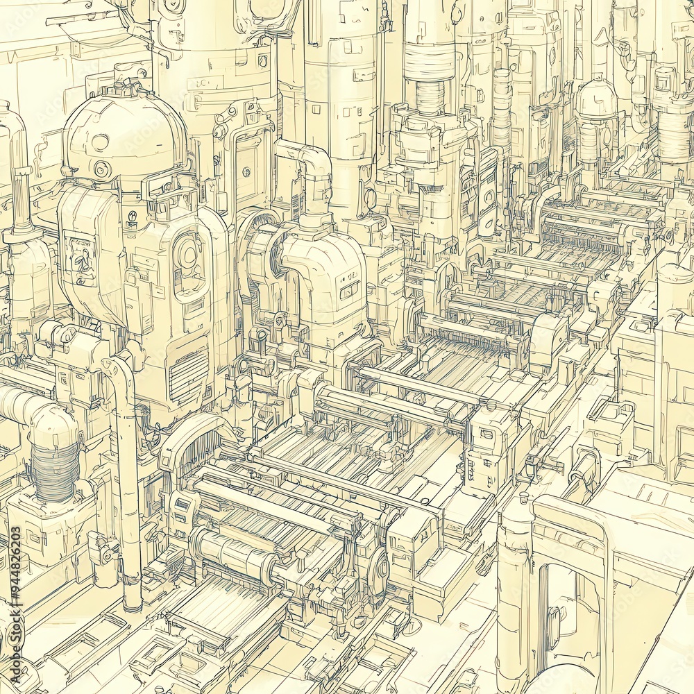 Detailed Architectural Engineering Blueprint of Futuristic Industrial Machinery with Complex Gear Systems and Tubular Elements Detailed Architectural Engineering Blueprint of Futuristic Industrial Machinery with Complex Gear Systems and Tubular Elements