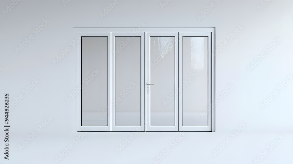 18. **A sleek bi-fold door with glass panels, rendered on a pristine white background. 18. **A sleek bi-fold door with glass panels, rendered on a pristine white background.