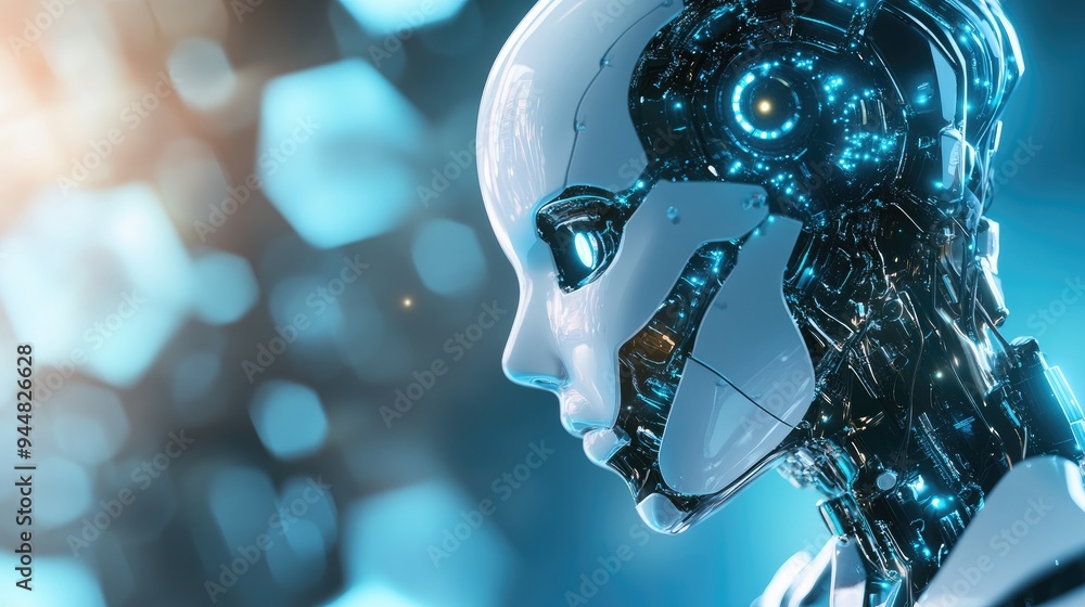 Fototapeta premium Abstract digital technology backdrop featuring a dynamic artificial intelligence robot capable of transforming your business