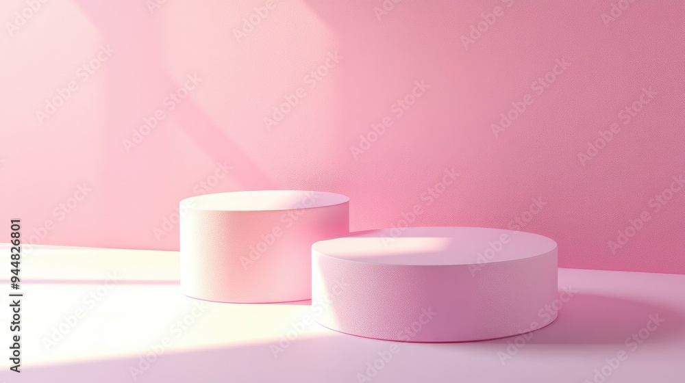 Abstract geometric blank space in a minimal pop art style featuring a cylindrical platform for cosmetic advertising Pastel colored background in a studio setting 3D rendering Abstract geometric blank space in a minimal pop art style featuring a cylindrical platform for cosmetic advertising Pastel colored background in a studio setting 3D rendering