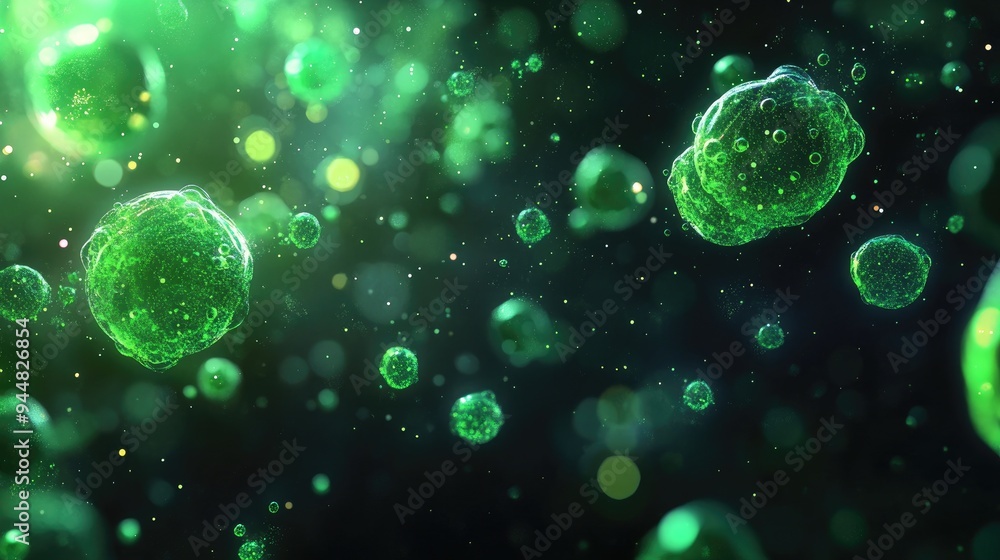 Abstract green light biotechnology background with spark on a black canvas Features elements reminiscent of bubbles microbes cells and bacteria Ideal for biology and medical science themes Abstract green light biotechnology background with spark on a black canvas Features elements reminiscent of bubbles microbes cells and bacteria Ideal for biology and medical science themes