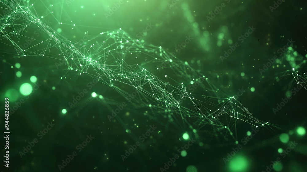Abstract green technology background featuring connected particles and plexus lines illuminated by starlight Includes depth of field effects in a 3D rendering Abstract green technology background featuring connected particles and plexus lines illuminated by starlight Includes depth of field effects in a 3D rendering