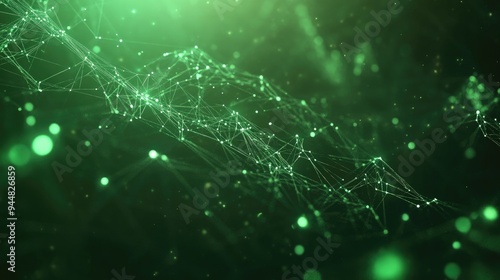 Abstract green technology background featuring connected particles and plexus lines illuminated by starlight Includes depth of field effects in a 3D rendering