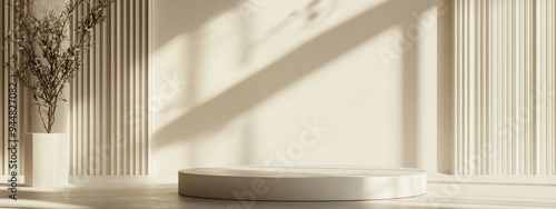 3D render of a background featuring a pedestal and a showcase embodying an abstract minimal concept with a clean blank space for a minimalist mockup
