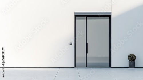 20. **A modern entry door with a clear glass insert and minimalist design, displayed on a pristine white background.