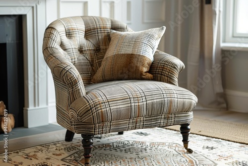 Armless Chair in Checkered Brown and Beige Fabric with Wooden Legs, Accent Rug Display photo