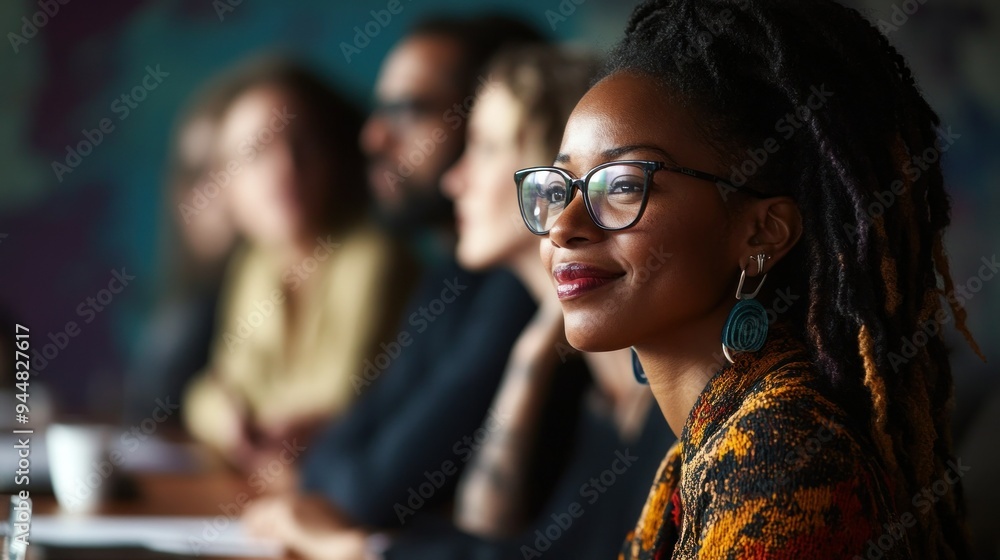 Woman with dreadlocks and glasses looking up while sitting in a meeting Woman with dreadlocks and glasses looking up while sitting in a meeting