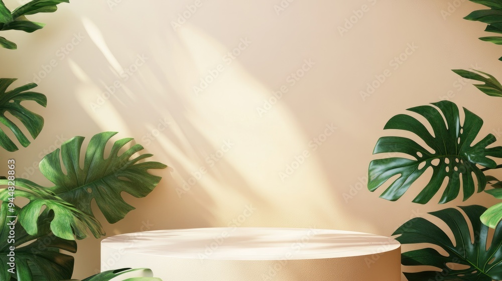 3D podium arrangement featuring monstera deliciosa and frosted glass with ample copy space Minimalistic beige backdrop with pedestal and lush green leaves Contemporary tropical product promotion b 3D podium arrangement featuring monstera deliciosa and frosted glass with ample copy space Minimalistic beige backdrop with pedestal and lush green leaves Contemporary tropical product promotion b