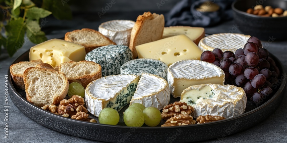 Gourmet Cheese Platter with Assorted Cheese Varieties, Fresh Grapes, Bread, and Walnuts on a Stylish Black Serving Tray Gourmet Cheese Platter with Assorted Cheese Varieties, Fresh Grapes, Bread, and Walnuts on a Stylish Black Serving Tray