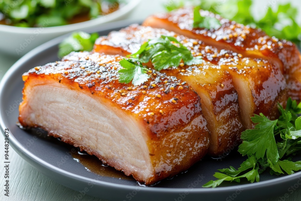 Deliciously glazed pork belly served on a plate with fresh herbs, showcasing crispy skin and mouthwatering texture.