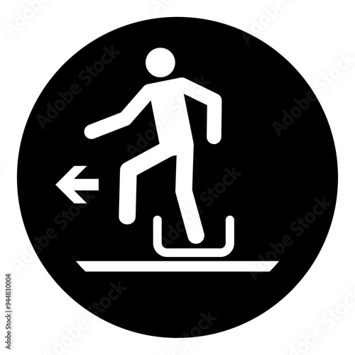ISO mandatory safety signs_alighting from toboggan to the left_symbol and pictogram only_black and white edition	
