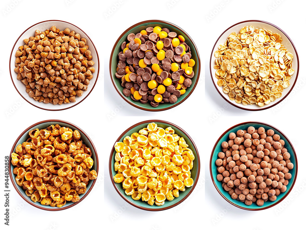 Set of Different Breakfast Cereals in Bowls Isolated on White Background - Variety of Healthy Morning Meals Set of Different Breakfast Cereals in Bowls Isolated on White Background - Variety of Healthy Morning Meals
