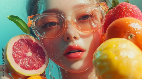 A woman holds vibrant citrus fruits, showcasing summer vibes in a bright tropical setting with contrasting colors during daylight photo