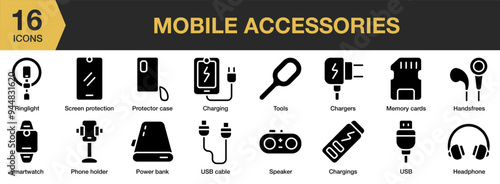 Mobile Accessories solid icon set. Includes charger, handsfree, headphone, memory card, phone holder, and More. Solid icons vector collection.