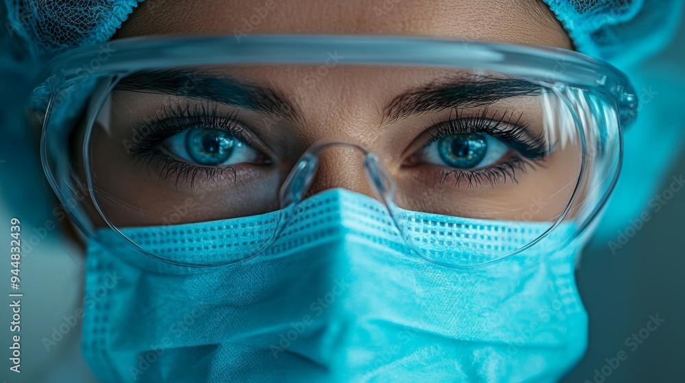 Close-up of a healthcare worker wearing protective eyewear Close-up of a healthcare worker wearing protective eyewear