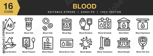 Blood icon set. Editable Stroke Icon Collection. Includes pressure, report, sample, test tube, transfusion blood, and More. Outline icons vector collection.