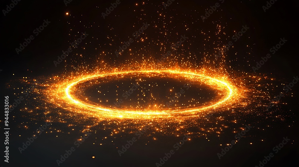 Glowing orange circle of light on a black background with sparks and particles. Glowing orange circle of light on a black background with sparks and particles.