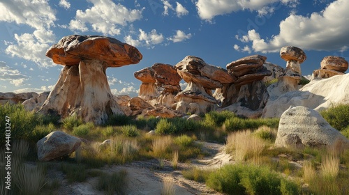 Rock Formations Resembling Giant Mushrooms in a Desert Landscape photo