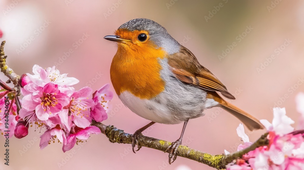 European Robin Bird Perched on Branch with Pink Blossoms European Robin Bird Perched on Branch with Pink Blossoms