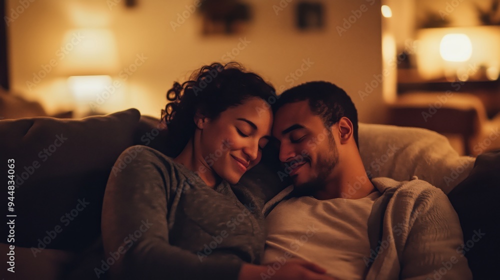 Couple cuddling in the sofa in a dark room showing their love and affection Couple cuddling in the sofa in a dark room showing their love and affection