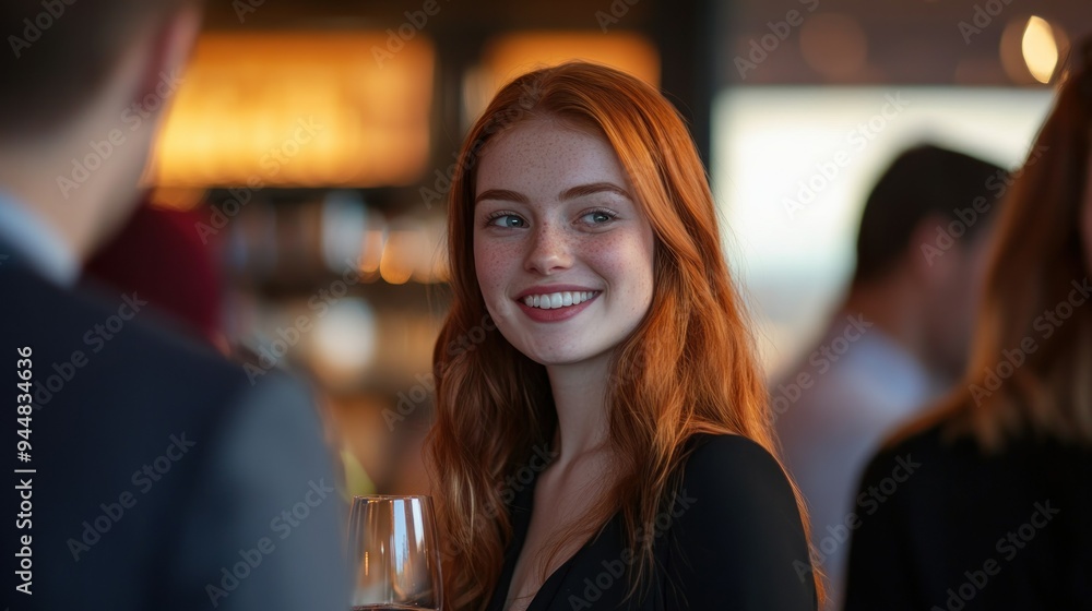 A Smiling Woman with Red Hair in a Social Setting A Smiling Woman with Red Hair in a Social Setting