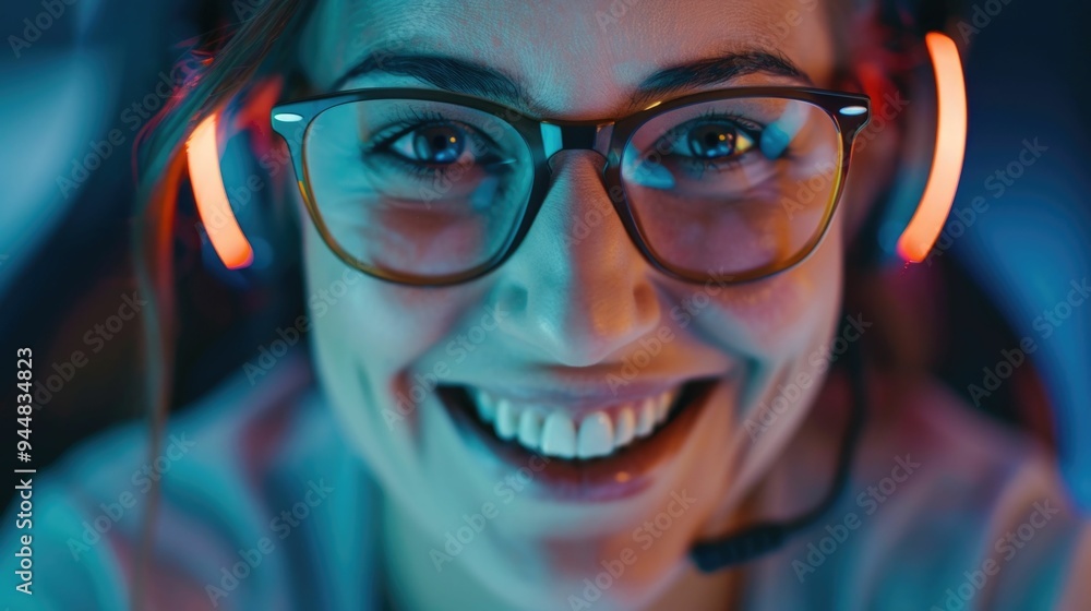 Close up Portrait of Joyful Woman Laughing Gleefully While Watching Entertaining TV Commercials During Leisure Time at Home Close up Portrait of Joyful Woman Laughing Gleefully While Watching Entertaining TV Commercials During Leisure Time at Home