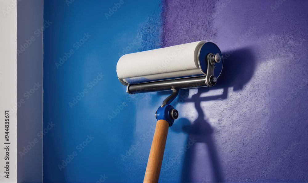 A paint roller is shown in mid-roll, painting a wall a light purple A paint roller is shown in mid-roll, painting a wall a light purple