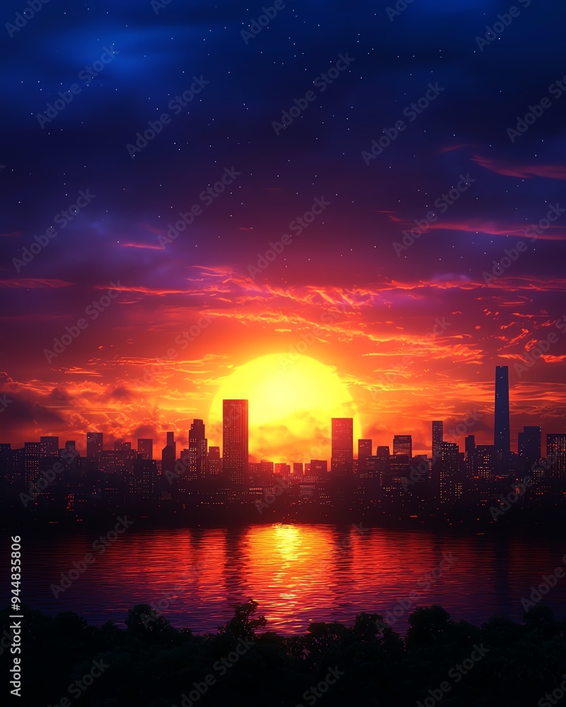 Stunning sunset over a city skyline reflecting on tranquil waters, creating a breathtaking view of vibrant colors in the sky. Stunning sunset over a city skyline reflecting on tranquil waters, creating a breathtaking view of vibrant colors in the sky.