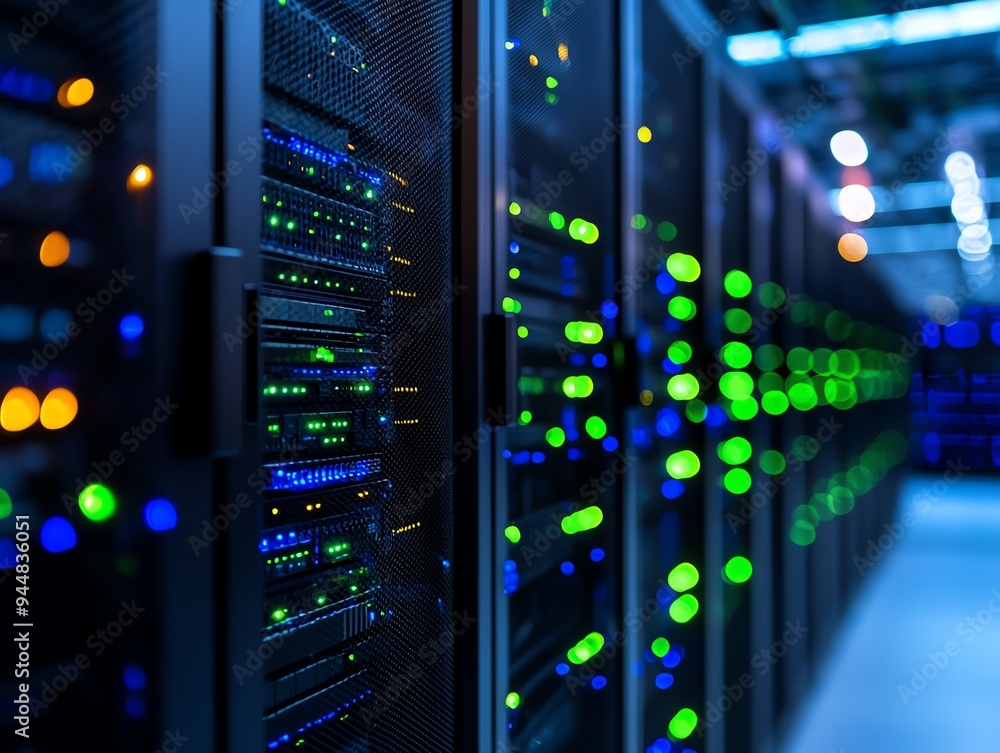 Naklejka premium A close-up view of modern server racks with glowing lights, showcasing technology and data storage in a data center.
