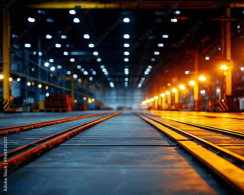 A mesmerizing view of an industrial warehouse with illuminated tracks and a vibrant atmosphere, perfect for business and technology themes. A mesmerizing view of an industrial warehouse with illuminated tracks and a vibrant atmosphere, perfect for business and technology themes.
