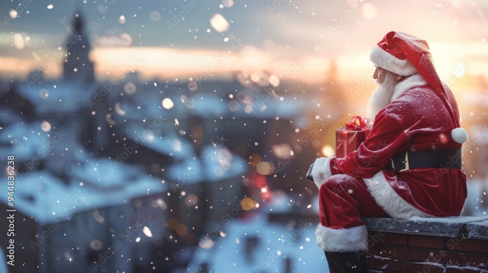 Santa Claus on a Rooftop, Watching Over a Snowy Cityscape Santa Claus on a Rooftop, Watching Over a Snowy Cityscape