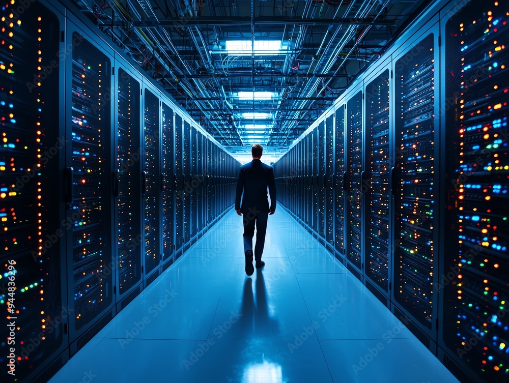 A professional walking through a high-tech data center filled with illuminated server racks and advanced technology. A professional walking through a high-tech data center filled with illuminated server racks and advanced technology.