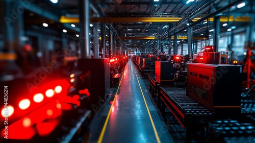 A modern industrial factory interior featuring rows of machinery illuminated by red lights, showcasing advanced manufacturing technology.