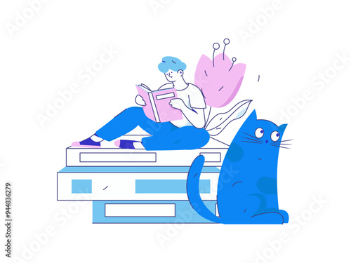 World Book Day Reading Character Flat Vector Concept Operation Hand Drawn Illustration
