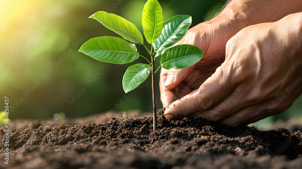 Close-up of hands planting a young tree in rich soil Close-up of hands planting a young tree in rich soil